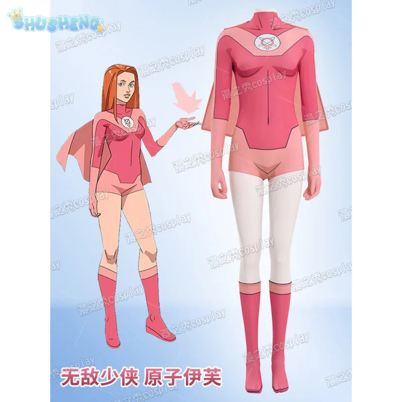 Movie Atom Eve cosplay invincible costume jumpsuit cloak socks shoe set Halloween Party pink Women tight fitting uniform xs-xxxl