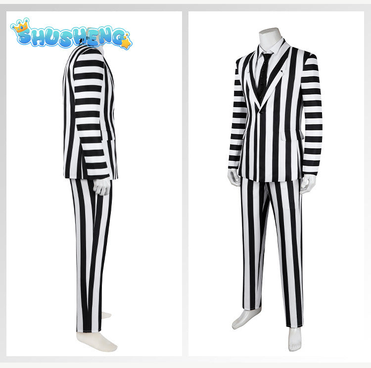 Beetlejuice Adam Cosplay Costume Men Black and White Striped Suit Jacket Shirt Pants Outfits Halloween Carnival