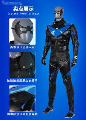 Gotham Knights Nightwing Robin Cosplay Costume Halloween Superhero combats Jumpsuit Faux Leather Black Armour Men Outfit Set