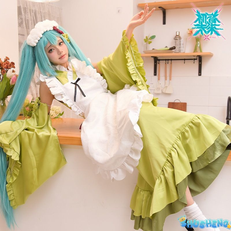 New Mikuu Matcha Sakura Green Cosplay Costume Parfait Apron Long and Wide Sleeved Dress Girl Kimono Wig Women Birthday Party Gift