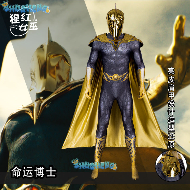 Halloween Doctor Fate Cosplay Costume Hero Jumpsuit With Helmet Cape Movie Black Teth Adam Cosplay Men Suit Custom Made