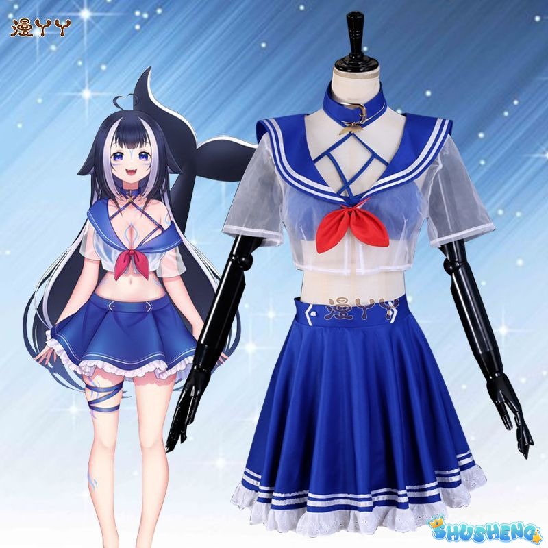 Anime Virtual YouTuber Shylily Lily Cosplay Costume Summer Day Swimwear Bikini Woman Sexy Kawaii Sand Party Sailor Suit
