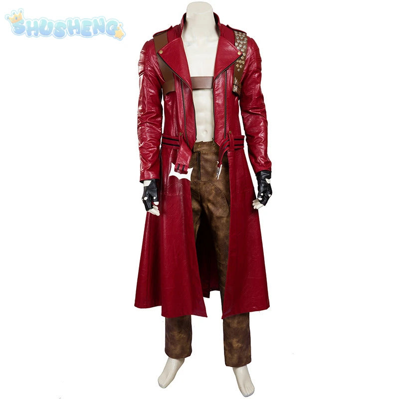 Game DMC 3 Dante Cosplay Costume Coat, gloves, waist bag, belt, Halloween party night red leather suitable uniform Dante Man set