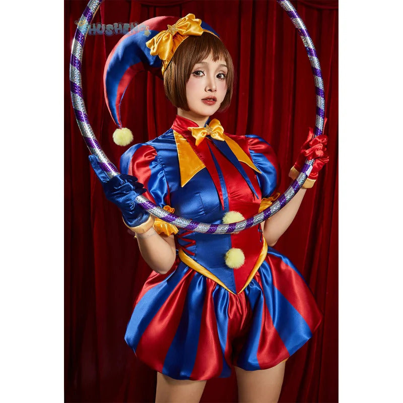 Adult  Digital Circus Cosplay Costumes Pomni Cosplay Masks Set Hat Jumpsuit Cartoon Christmas Halloween Party Cute Clown wig set
