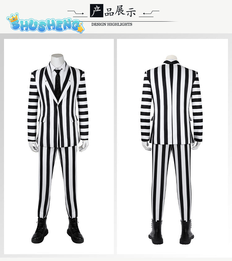 Beetlejuice Adam Cosplay Costume Men Black and White Striped Suit Jacket Shirt Pants Outfits Halloween Carnival