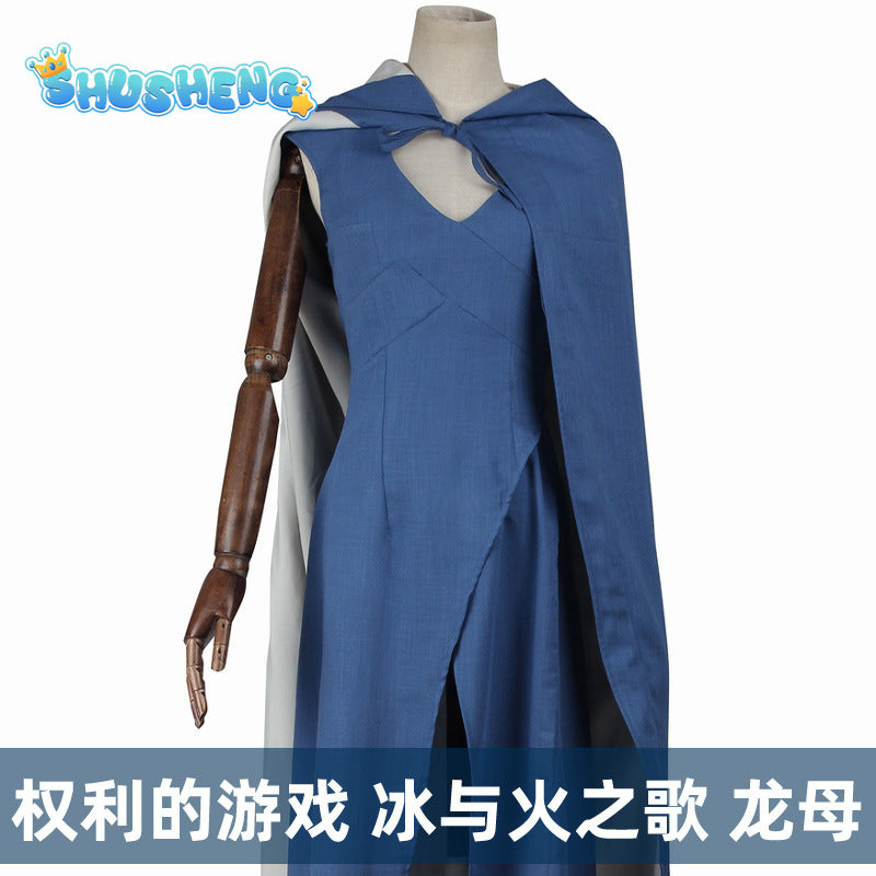 TV Series Daenerys Cosplay Targaryen Costume Blue Game of Thrones Dress with Cape for Women Halloween Party Stage Performance Suit