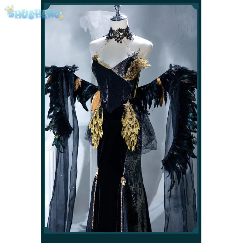 Path to Nowhere Raven MBCC-S-074 Cosplay Black glue gift box Costume Halloween Black Dress Necklace Props Wig Women's Sexy Set