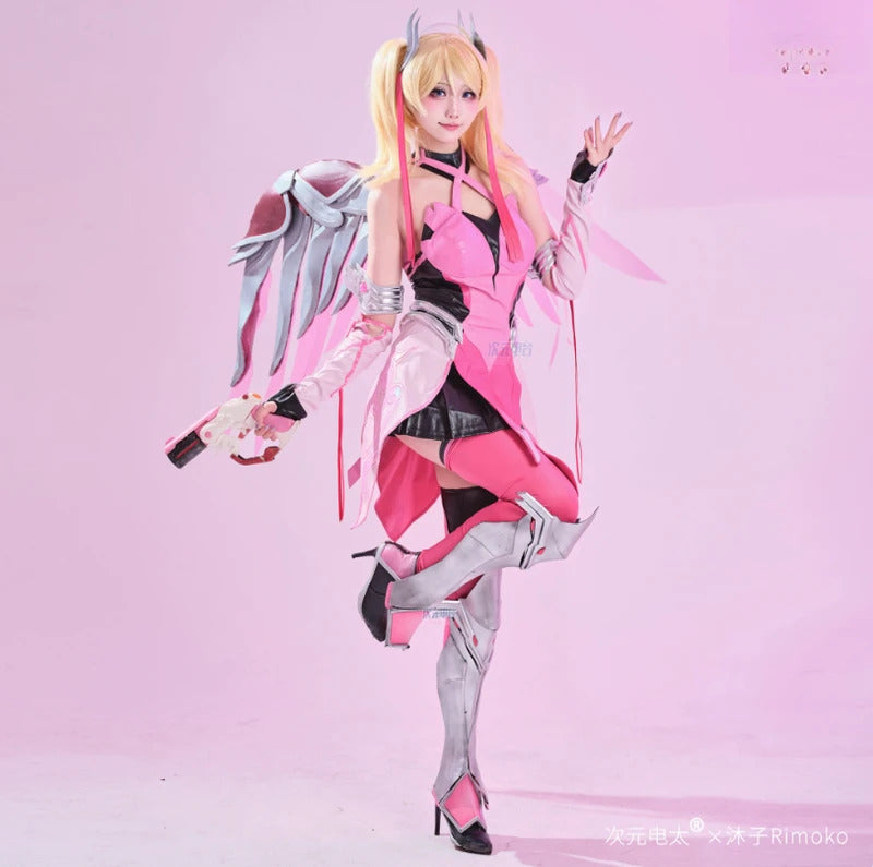 Mercy Angela Ziegler Overwatch OW Cosplay red angel Costume Halloween leather jumpsuit props wig accessories uniform Woman set