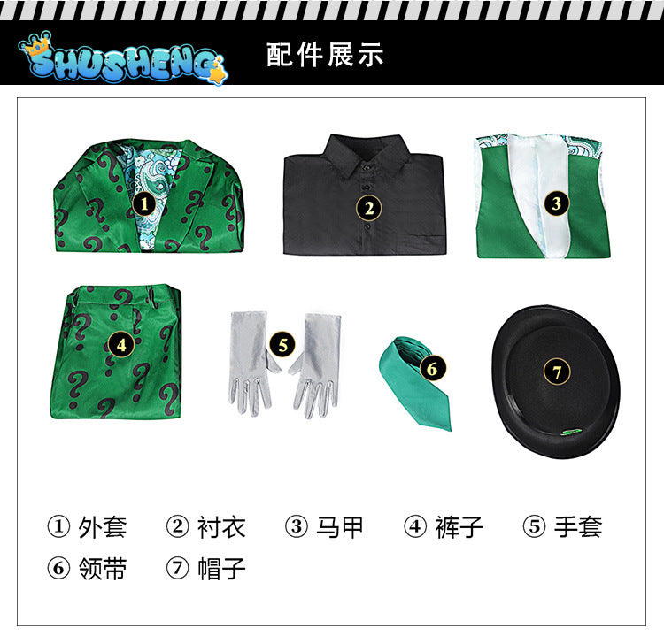 Men Riddler Cosplay Fantasy Movie Super Villain Costume Disguise Adult Boys Roleplay Fantasia Outfits Halloween Male Suits