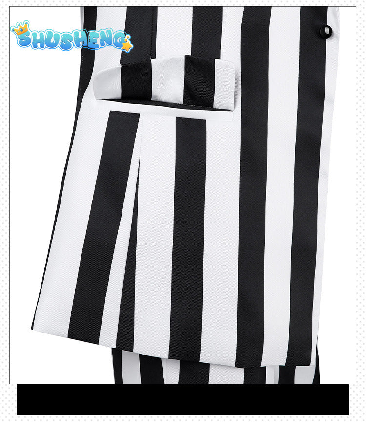 Beetlejuice Adam Cosplay Costume Men Black and White Striped Suit Jacket Shirt Pants Outfits Halloween Carnival