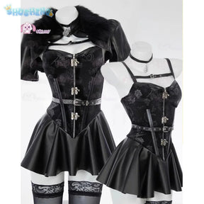 Witcher 3 Wild Hunt Cosplay Yennefer of Vengerberg Costume party Women sexy black leather lace dress jacket gloves socks set