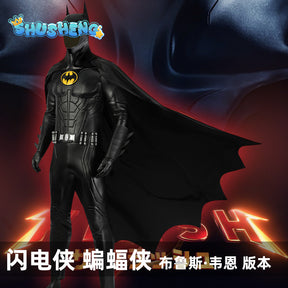 Michael Keaton Superhero Bat Bruce Wayne Cosplay Costume Hero Armor Outfit With Cowl Black Leather Jumpsuit Boots Halloween Suit