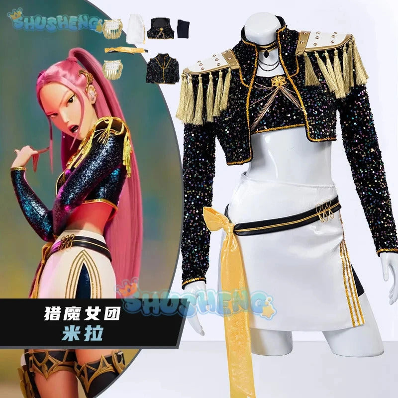 Anime KPop Demon Hunters Mira Cosplay Costume Black Gold Stage Outfit Huntrix Uniform Halloween Party Women Girls Carnival