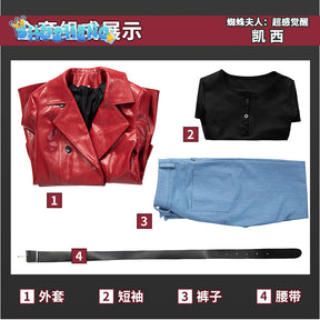 Cosplay Costume Movie Madame Web The Heroine Cathy's Red Leather Jacket Blue Jeans BlackT-shirt Belt Women's Suit