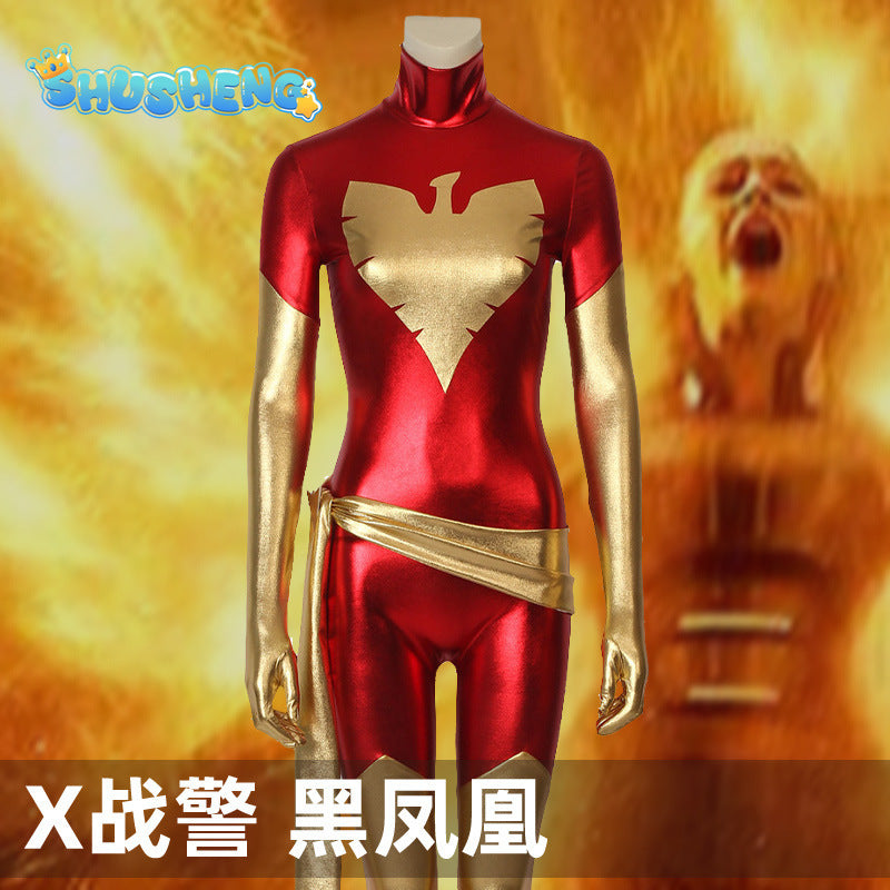 New X-men red dark Phoenix Costume Shiny metallic full body Superhero Jean Grey Costume halloween Cosplay Costume free shipping