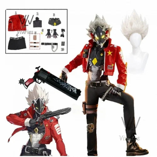 Game Zenless Zone Zero Billy Kid Cosplay Costume Wig Mask Guns Weapons Leather Uniform White Hair Cunning Hares Aka Gentle House