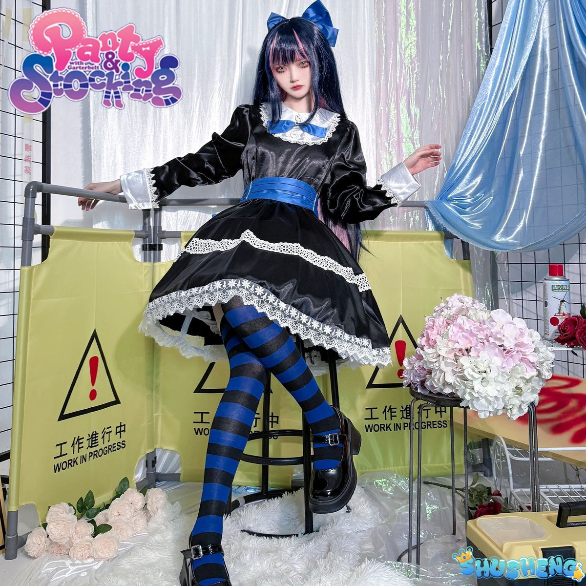 Stocking Anarchy Cosplay Panty & Stocking Black Dress Uniform Long Blue Halloween Party Outfits for Women