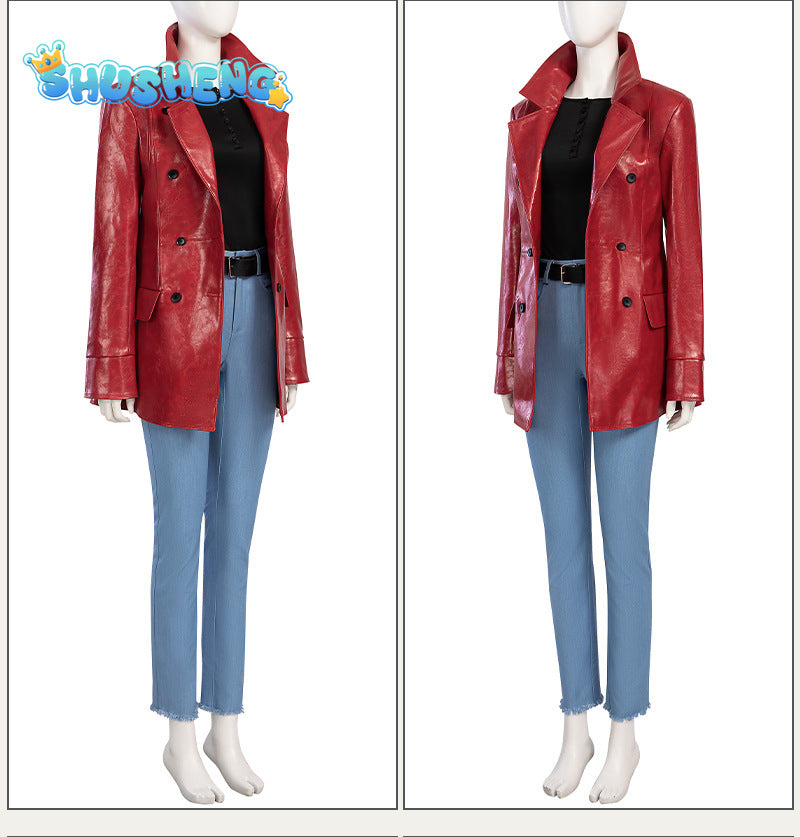 Cosplay Costume Movie Madame Web The Heroine Cathy's Red Leather Jacket Blue Jeans BlackT-shirt Belt Women's Suit