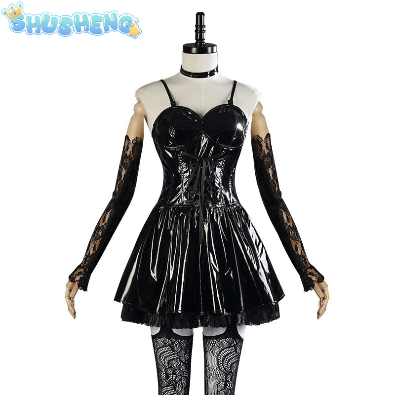 Misa Amane Death Note cosplay costumes Imitation Leather Sexy Dress Necklace Lace Sleeves Stockings Women Uniforms Anime Outfits