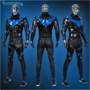 Gotham Knights Nightwing Robin Cosplay Costume Halloween Superhero combats Jumpsuit Faux Leather Black Armour Men Outfit Set