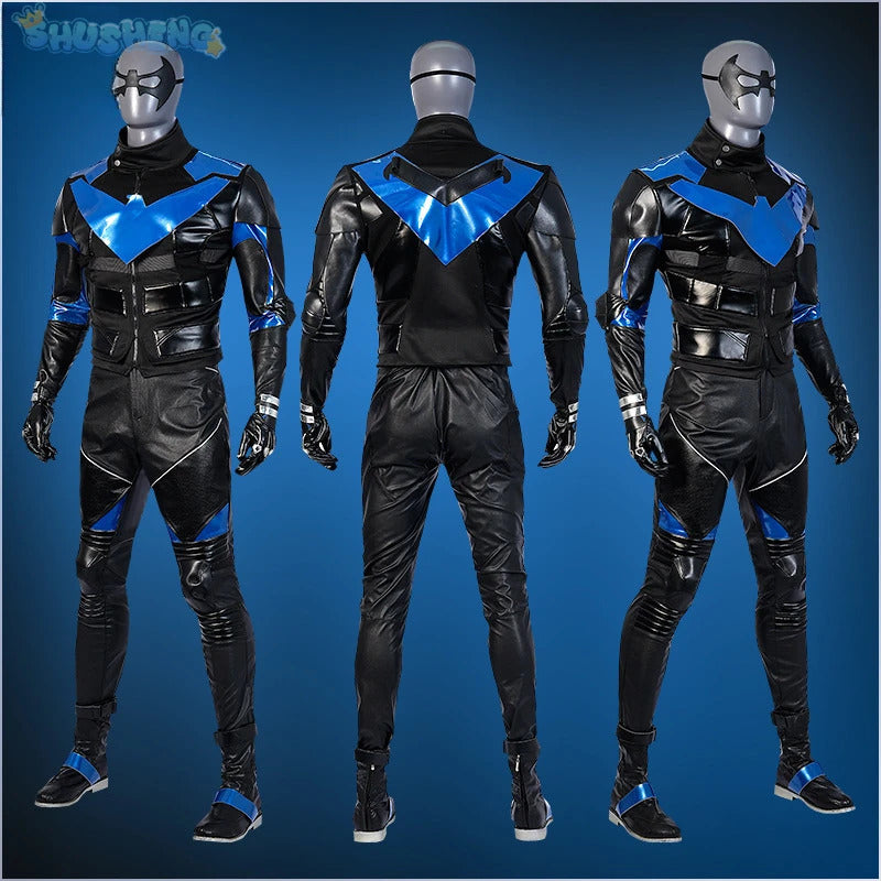 Gotham Knights Nightwing Robin Cosplay Costume Halloween Superhero combats Jumpsuit Faux Leather Black Armour Men Outfit Set