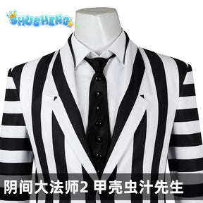 Beetlejuice Adam Cosplay Costume Men Black and White Striped Suit Jacket Shirt Pants Outfits Halloween Carnival