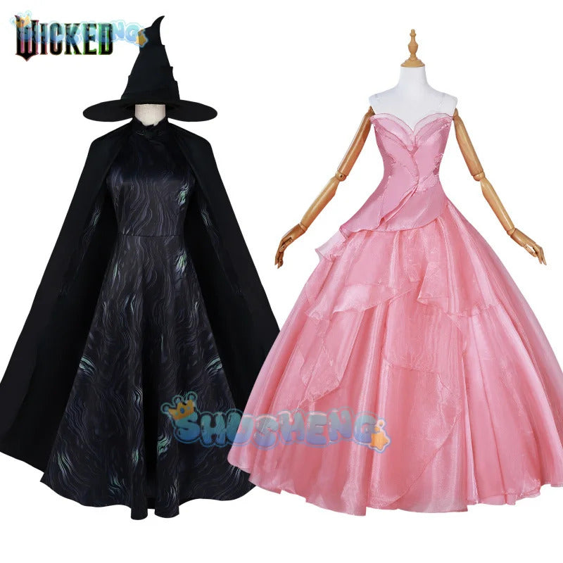 Anime movie magic witch Elphaba Glinda cosplay wicked uniform dress pink black lolita dress wigs hat Halloween party Shusheng