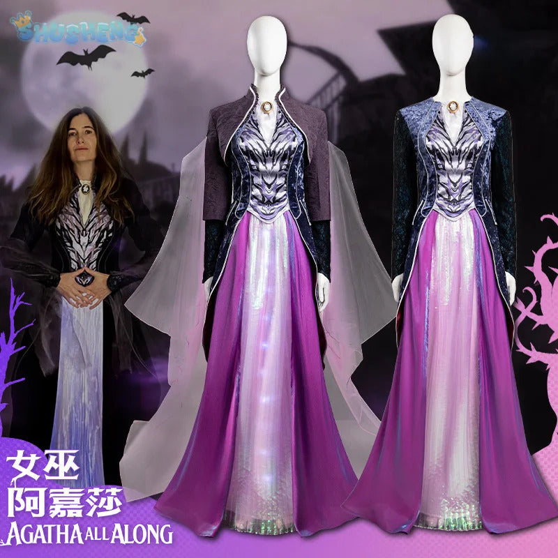 Movie Agatha Harkness Cosplay Agatha Cos All Along Costume New Elegant Dress Coat Shawl Accessories Set Christmas Party Full Set
