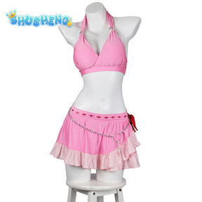 Game FF VII Aerith Gainsborough Cosplay Costume Pink Swimsuit Aerith Gainsborough Sexy Halter Neck Swimsuit 3-piece Set