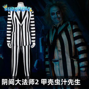 Beetlejuice Adam Cosplay Costume Men Black and White Striped Suit Jacket Shirt Pants Outfits Halloween Carnival