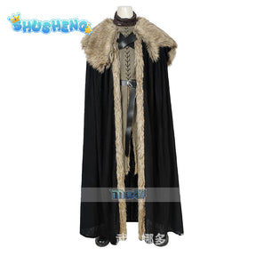 Thrones Cosplay Jon Snow Cosplay Costume Halloween Outfit Leather Long Coat Faux Fur Cloak Men Cape Custom size