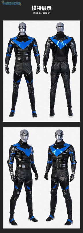 Gotham Knights Nightwing Robin Cosplay Costume Halloween Superhero combats Jumpsuit Faux Leather Black Armour Men Outfit Set
