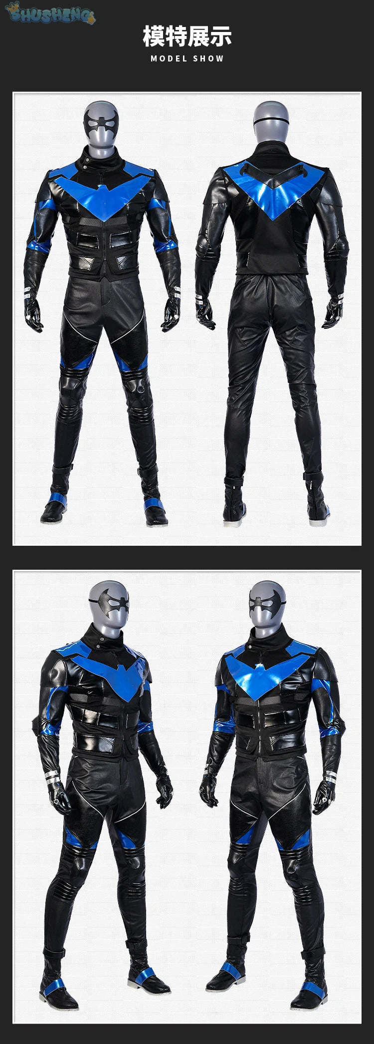 Gotham Knights Nightwing Robin Cosplay Costume Halloween Superhero combats Jumpsuit Faux Leather Black Armour Men Outfit Set
