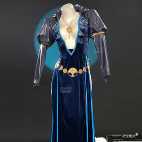 Baldur's Gate 3 Mizora Cambion Cospaly Costume Deep blue sexy woman long dress necklace waist chain socks headwear Halloween set