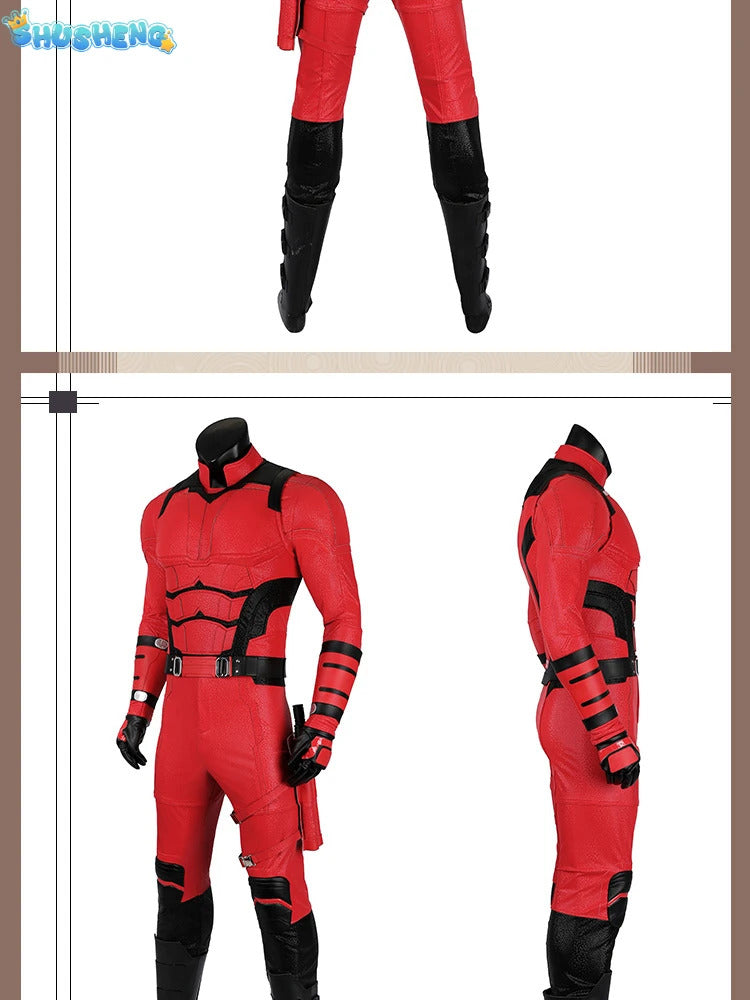 Daredevil Cosplay Costume Matt Murdock Red Leather Battle Suit Jumpsuit Belt Gloves Fullset Outfit Halloween Carnival Party Suit