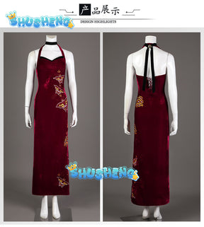 Ada Wong Cosplay Costume Embroidered Cheongsam Shoes Full Set Clothing Game Sexy Red Dress Women Christmas Halloween Party Suit