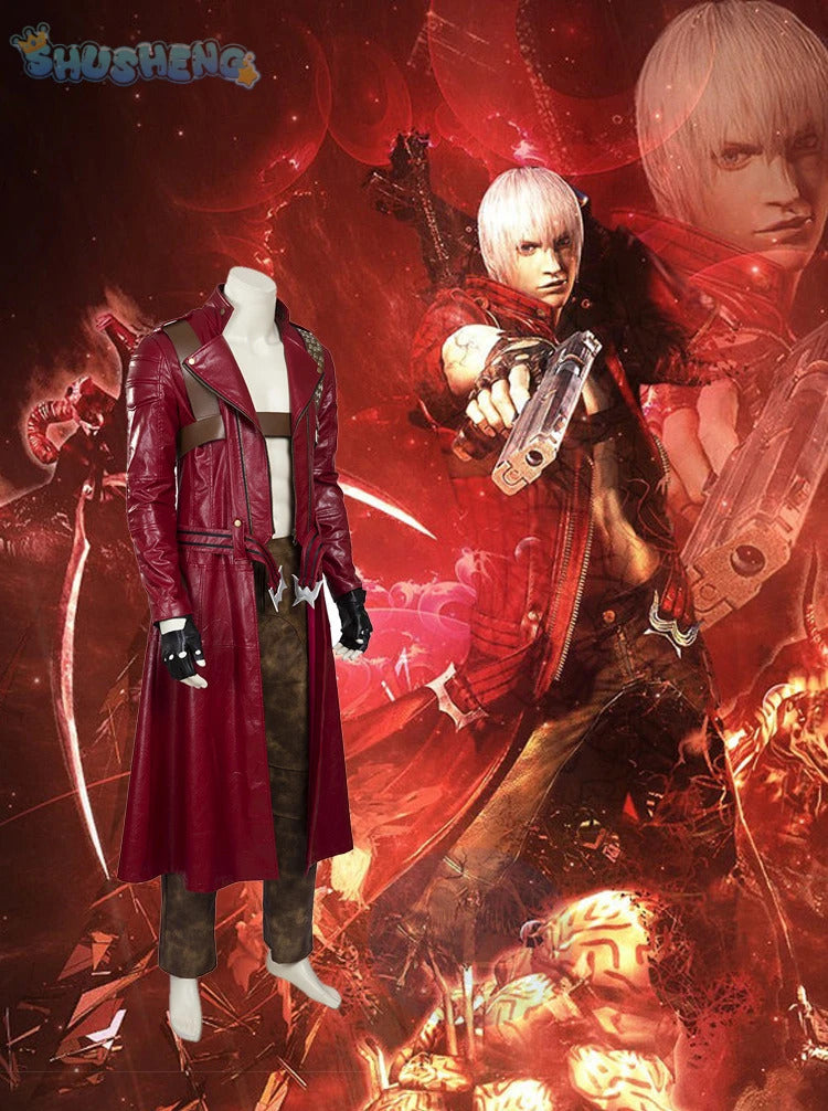 Game DMC 3 Dante Cosplay Costume Coat, gloves, waist bag, belt, Halloween party night red leather suitable uniform Dante Man set