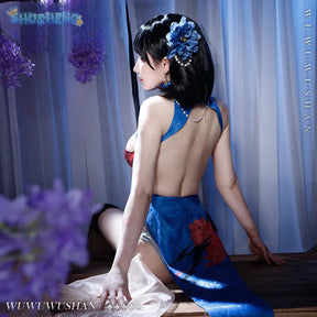 Azur Lane Chien Wu cosplay costume Halloween carnival blue Chinese style qipao Woman sexy dress uniform suit wig set