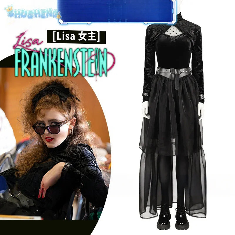 Lisa Cosplay Frankenstein Neighbor Woman Costume Halloween Carnival Gothic Sexy Women's Black Dress Coat Accessory uniform Set