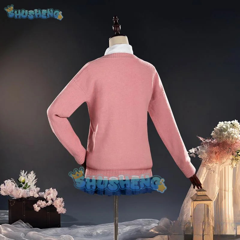 Momo Ayase cosplay costume anime dandadan pink top blue skirt school uniform earrings props Halloween party for women Shusheng