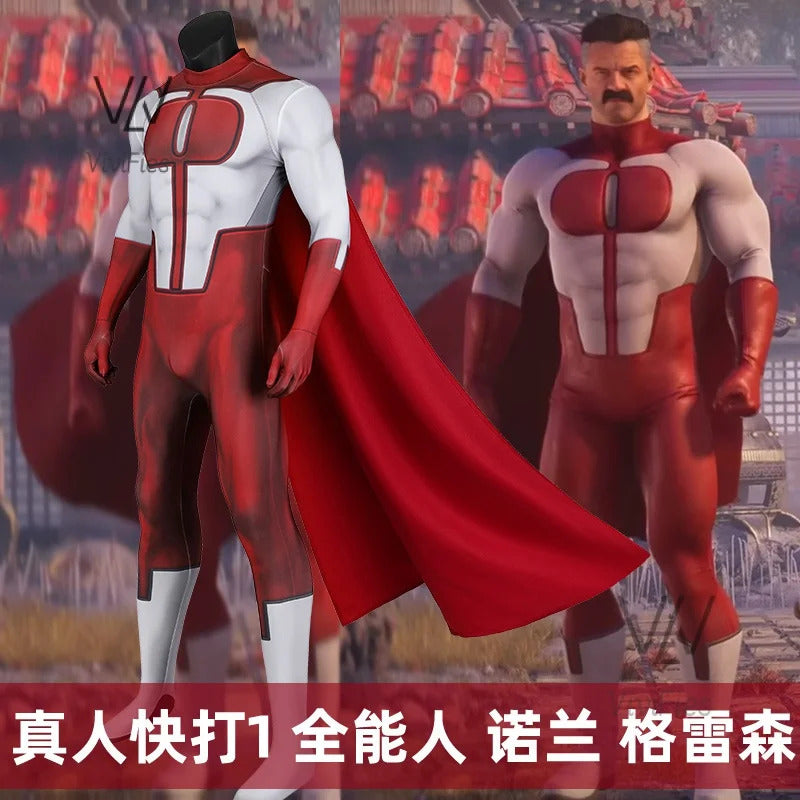Halloween invincible cosplay jumpsuits Omni man costume superhero Nolan Grayson Zentai printing bodysuit with Cape