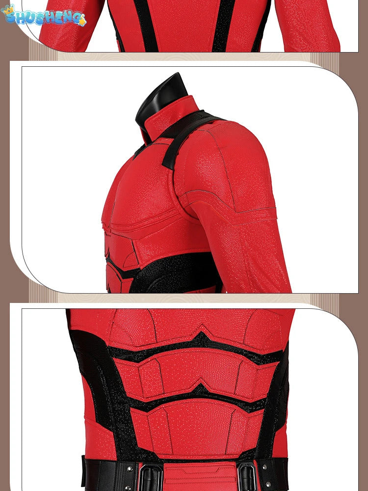 Daredevil Cosplay Costume Matt Murdock Red Leather Battle Suit Jumpsuit Belt Gloves Fullset Outfit Halloween Carnival Party Suit