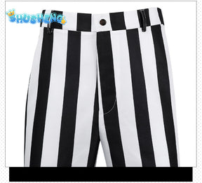 Beetlejuice Adam Cosplay Costume Men Black and White Striped Suit Jacket Shirt Pants Outfits Halloween Carnival