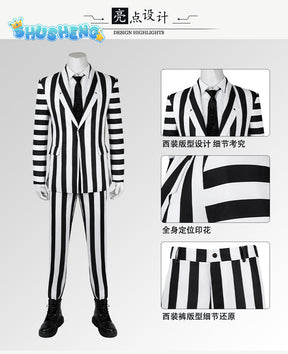 Beetlejuice Adam Cosplay Costume Men Black and White Striped Suit Jacket Shirt Pants Outfits Halloween Carnival