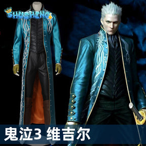 Hot Game DMC3 Cosplay Vergil Costume Mens Battle Suit Vergil Halloween Carnival Party Long Jacket Vest Outfits Custom Made