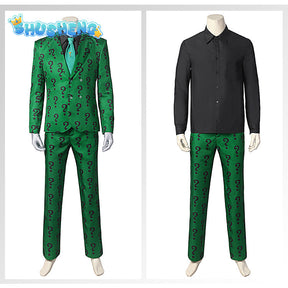 Men Riddler Cosplay Fantasy Movie Super Villain Costume Disguise Adult Boys Roleplay Fantasia Outfits Halloween Male Suits