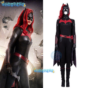 Female Bat Cosplay Costumes Kate Kane Roleplay Jumpsuit Superhero Black Leather Bodysuit Cloak Halloween Outfits