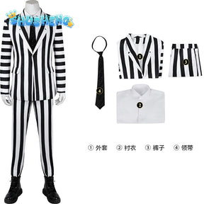 Beetlejuice Adam Cosplay Costume Men Black and White Striped Suit Jacket Shirt Pants Outfits Halloween Carnival