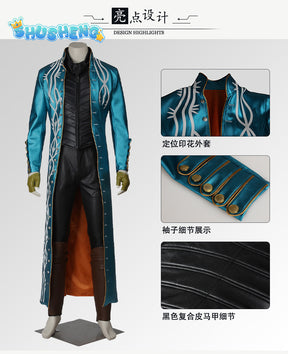 Hot Game DMC3 Cosplay Vergil Costume Mens Battle Suit Vergil Halloween Carnival Party Long Jacket Vest Outfits Custom Made