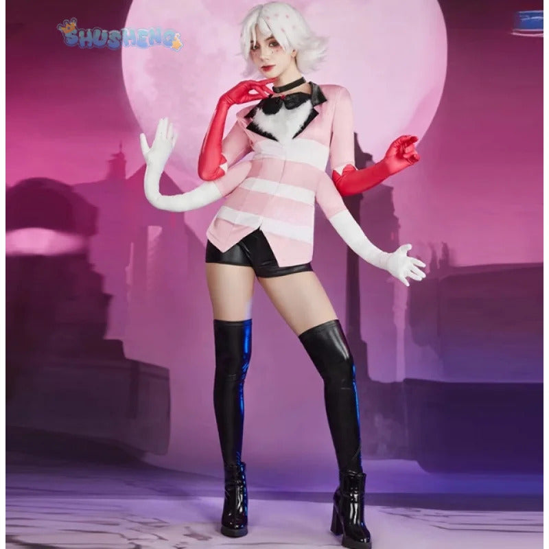 Angel Dust Cosplay Fantasy Wigs Cartoon Hell Inn Disguise Costume Gloves Bow Tie Pink Outfit Women Halloween Roleplay